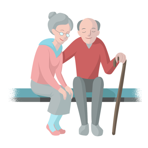 Old woman old man couple bench cane walkingstick illustration PNG Design