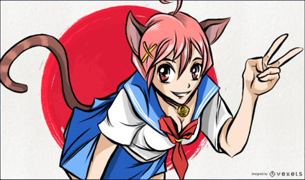 Ilustração de garota de gato de anime Ilustração de garota de gato de anime