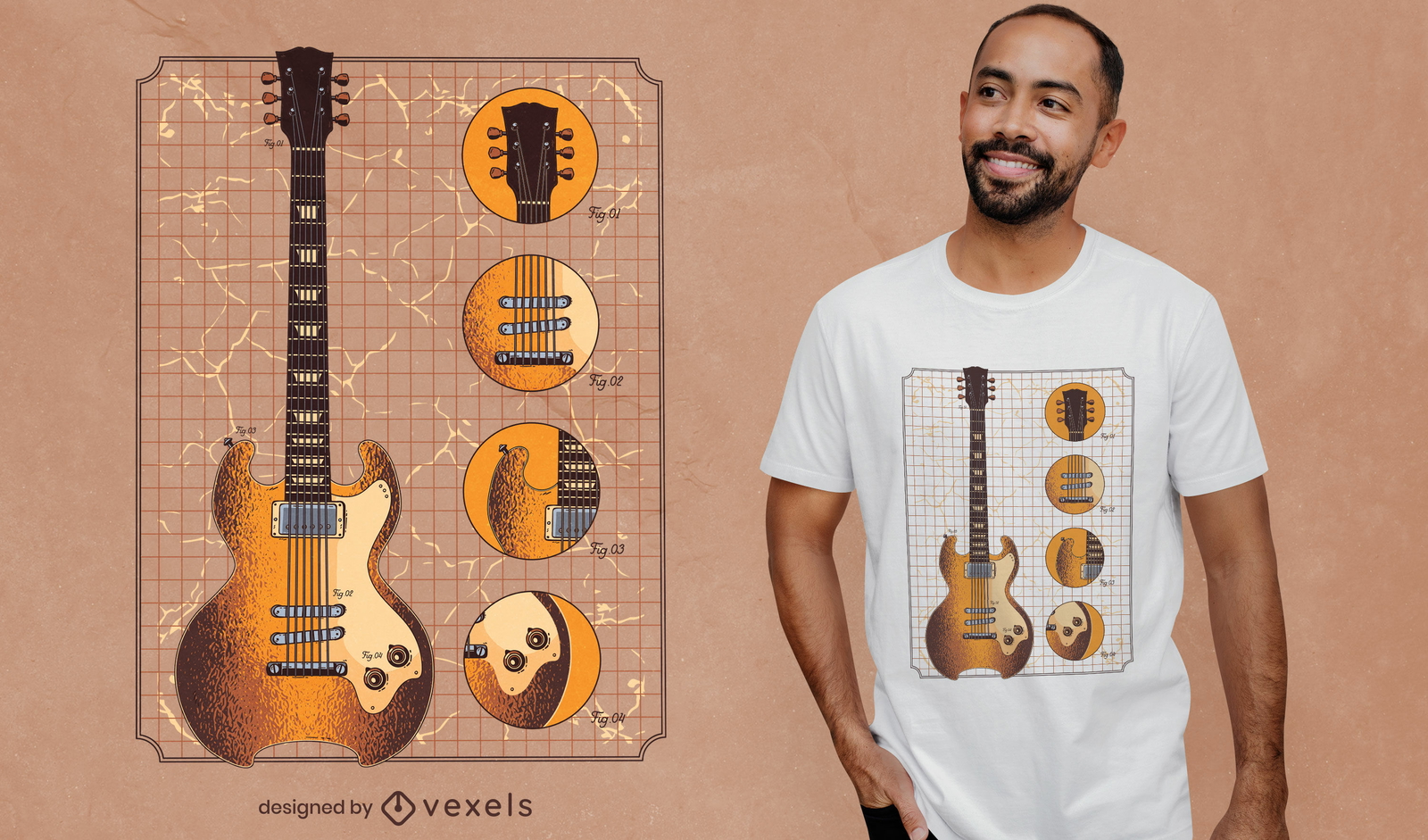 Design de camiseta com ilustração de guitarra clássica