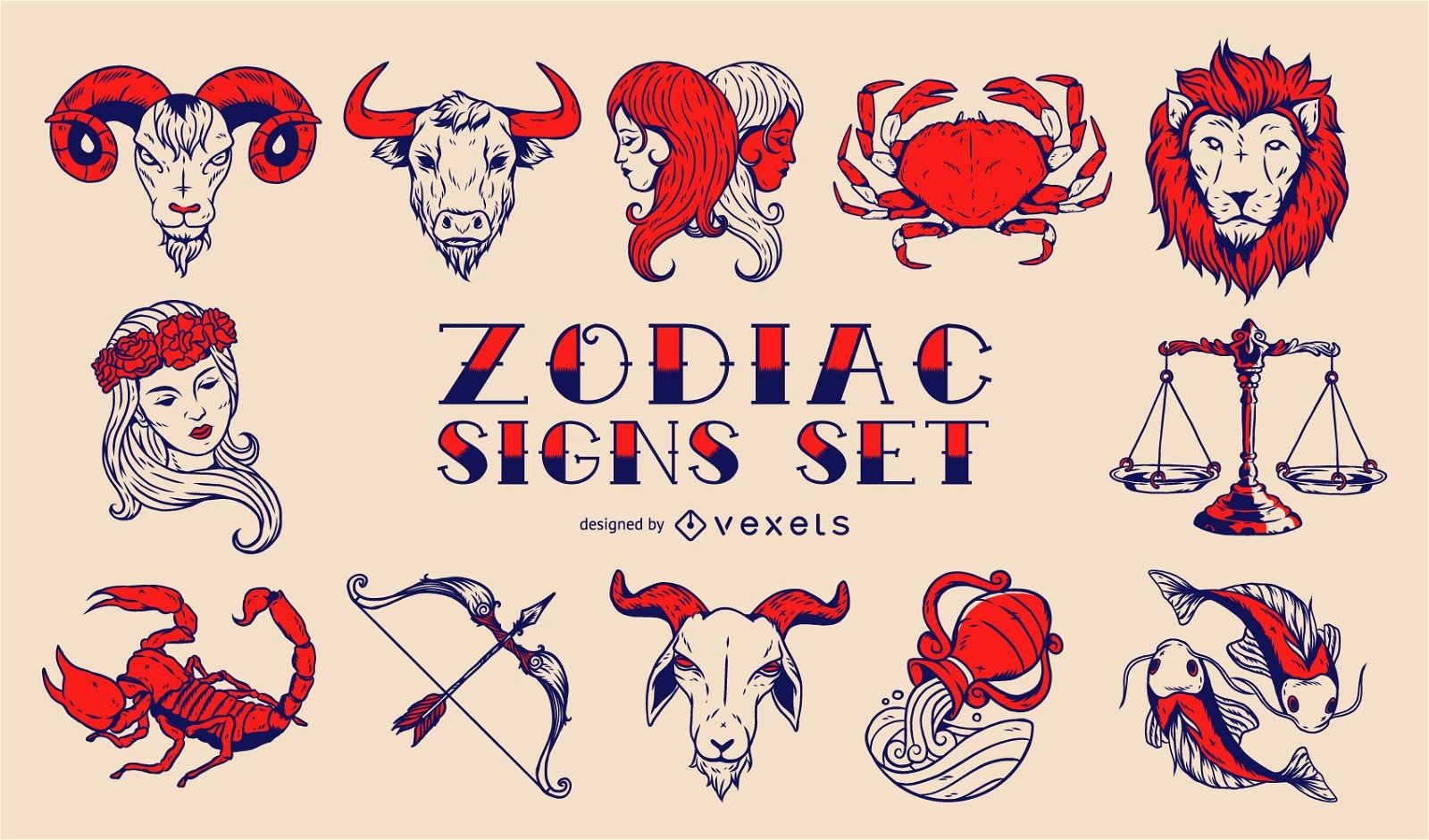 Conjunto de signos del zodiaco vintage