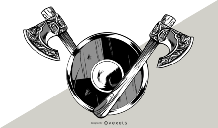 Diseño vectorial de hacha y escudo vikingos Diseño vectorial de hacha y escudo vikingos