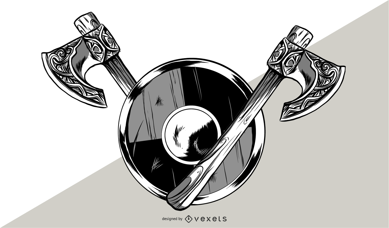 Desenho vetorial de machado e escudo vikings
