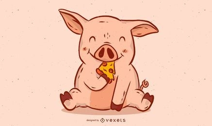 Ilustração de porco comendo pizza