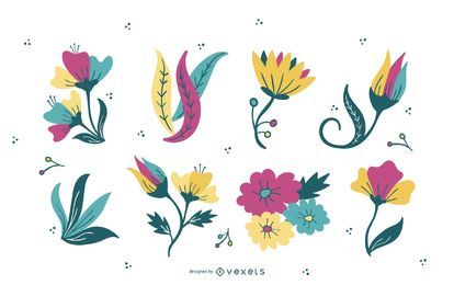 Conjunto de ilustração de flor e folhas Conjunto de ilustração de flor e folhas