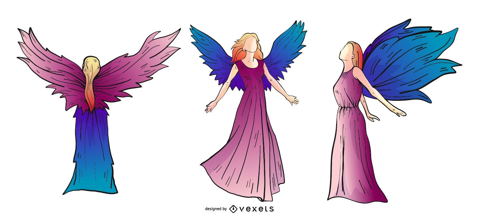 Conjunto de silhueta colorida de anjos