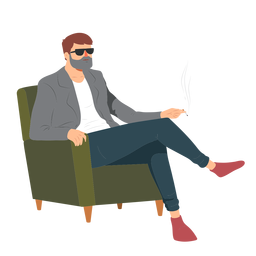 Hombre barba gafas estilo cigarrillo humo sillón plano Diseño PNG