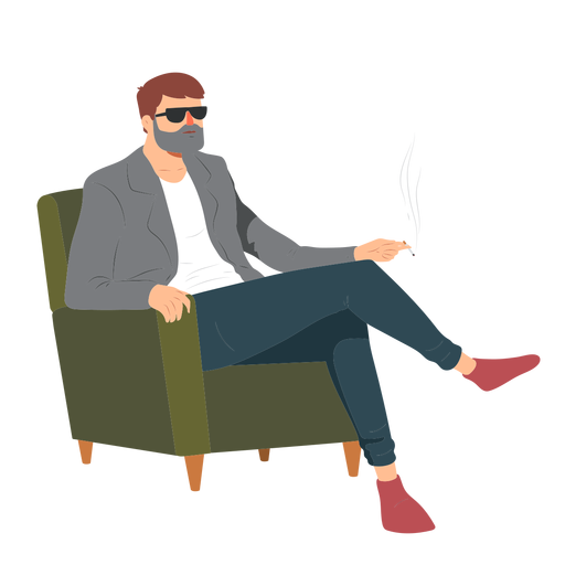 Man beard glasses style cigarette smoke armchair flat PNG Design