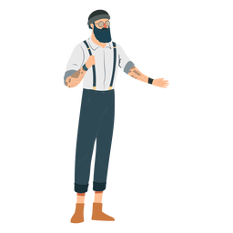 Man hipster beard glasses hat tattoo suspenders braces flat PNG Design