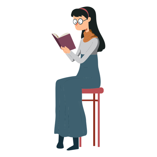 Woman chair book skirt polo neck glasses flat PNG Design