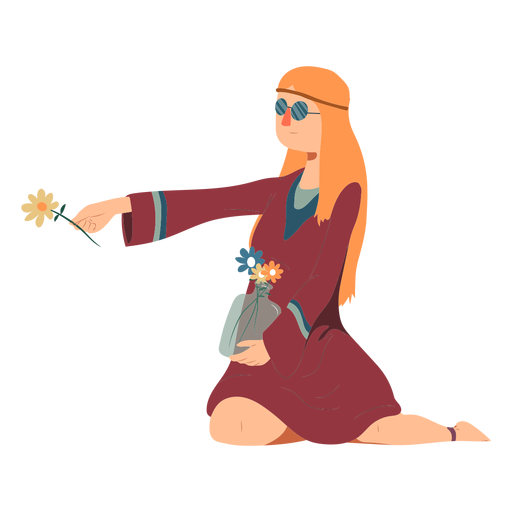 Woman hippie glasses sitting flower hairstyle dress flat Transparent PNG Woman hippie glasses sitting flower hairstyle dress flat Transparent PNG