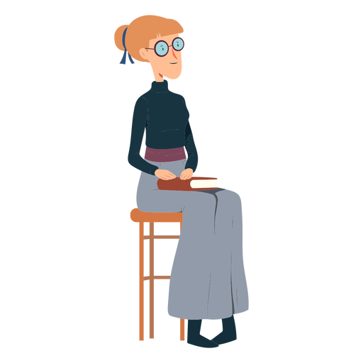 Woman polo neck skirt book glasses chair flat PNG Design