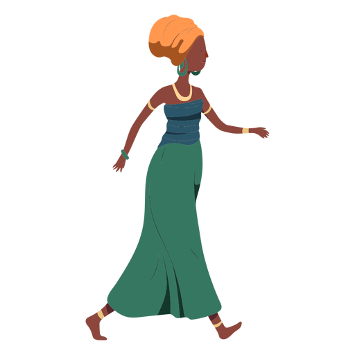 Woman walking hairstyle top skirt jewellery flat