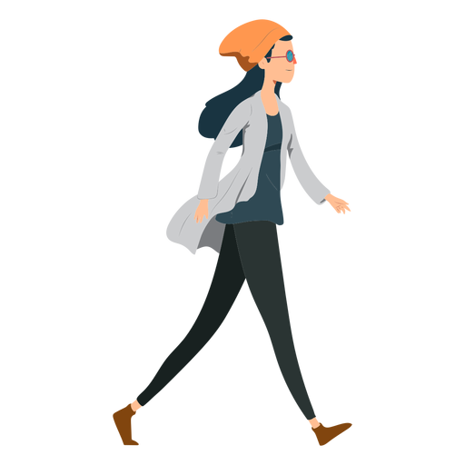 Mujer caminando hipster gafas sombrero chaqueta plana