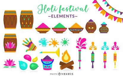 Conjunto de elementos do Holi Festival