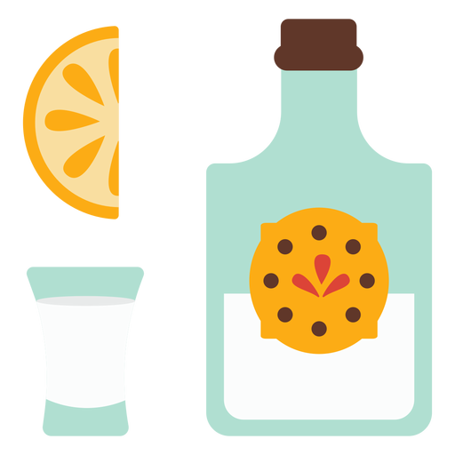 Bottle emblem glass slice lemon orange flat PNG Design