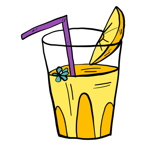 Glass flower drinking straw juice orange slice color colour sketch PNG Design