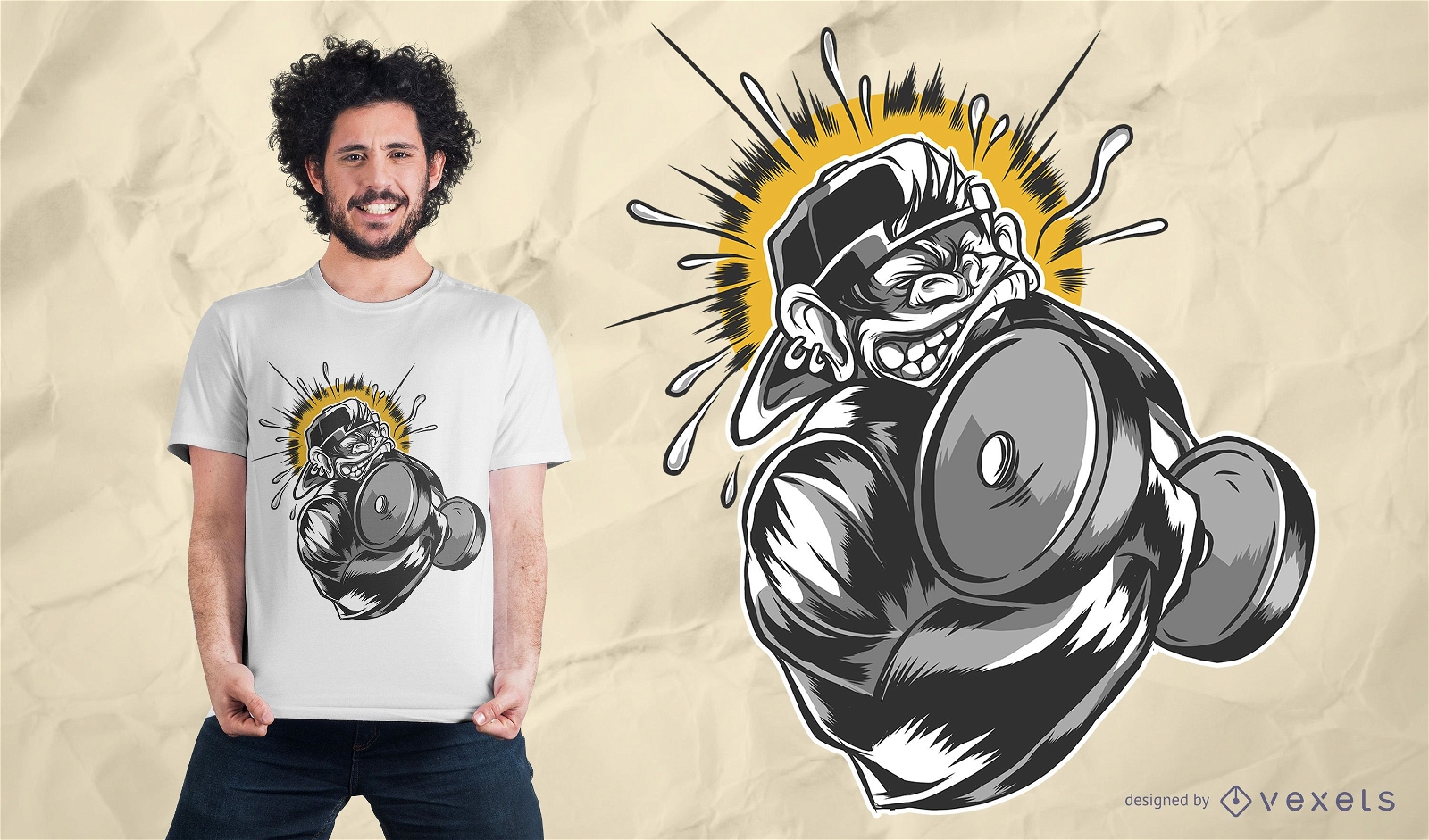 Design de camiseta com halteres de macaco