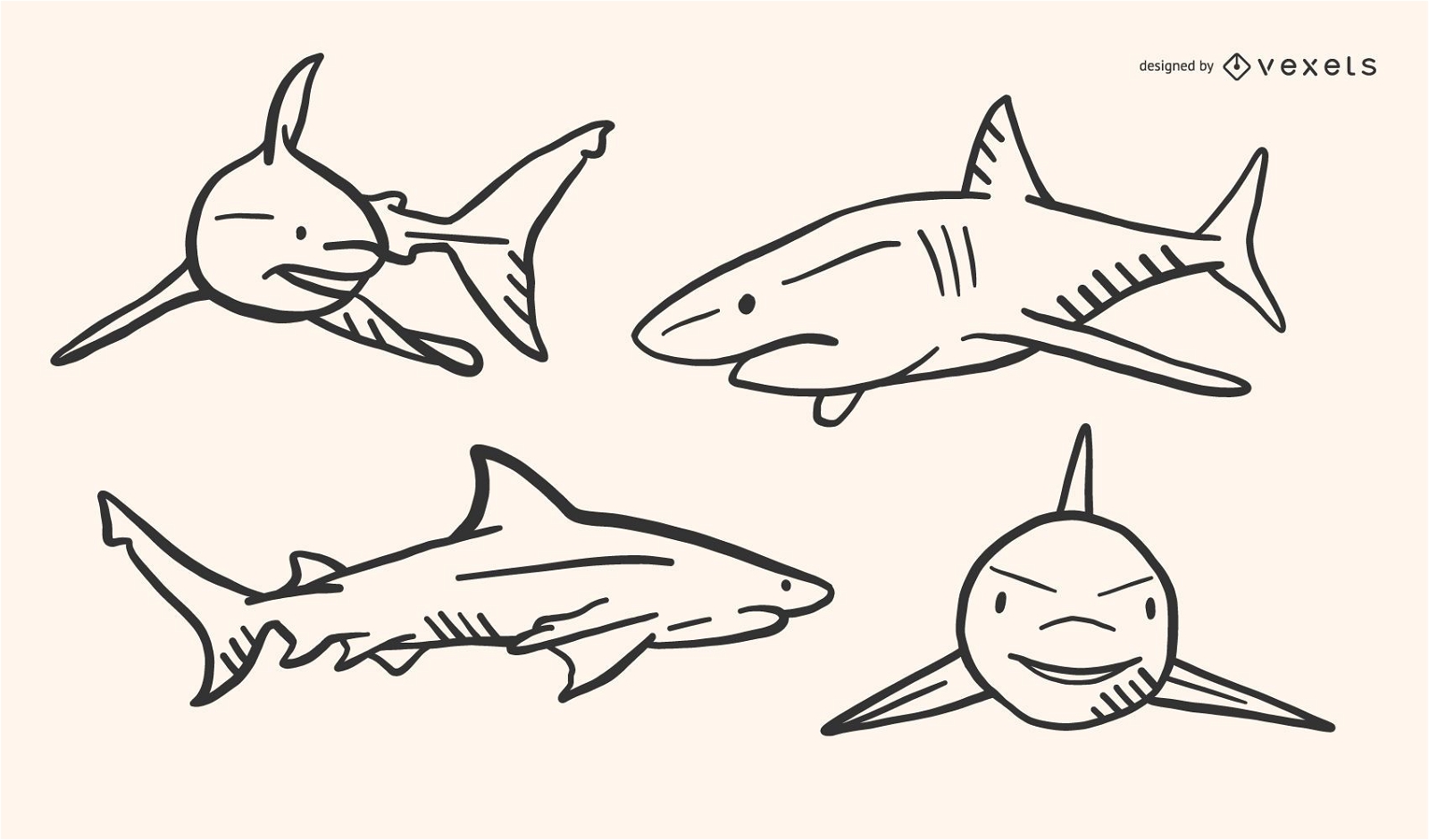 Conjunto de vetores de doodle de tubarão