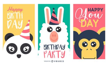 Conjunto de cartões de feliz aniversário animais