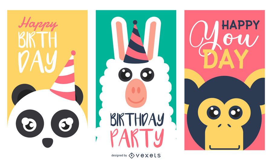 Happy birthday animals cards set Happy birthday animals cards set