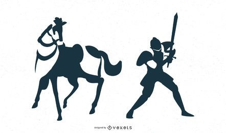 Desenhos vetoriais de cavaleiros e cavalos
