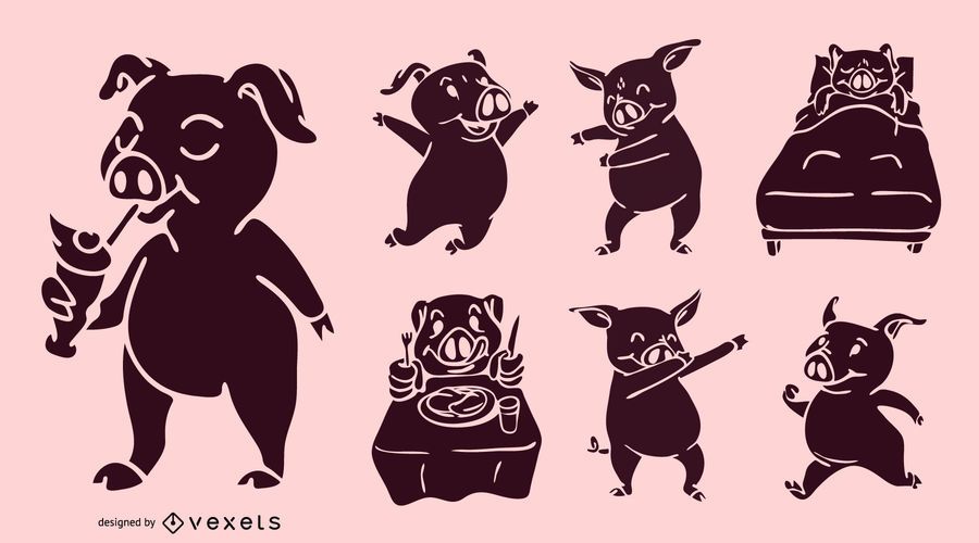 Conjunto de diseño de silueta de cerdo divertido Conjunto de diseño de silueta de cerdo divertido