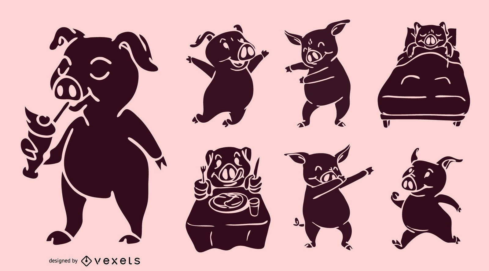 Funny Pig Silhouette Design Set Vector Download