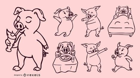 Pig cartoon stroke vector set