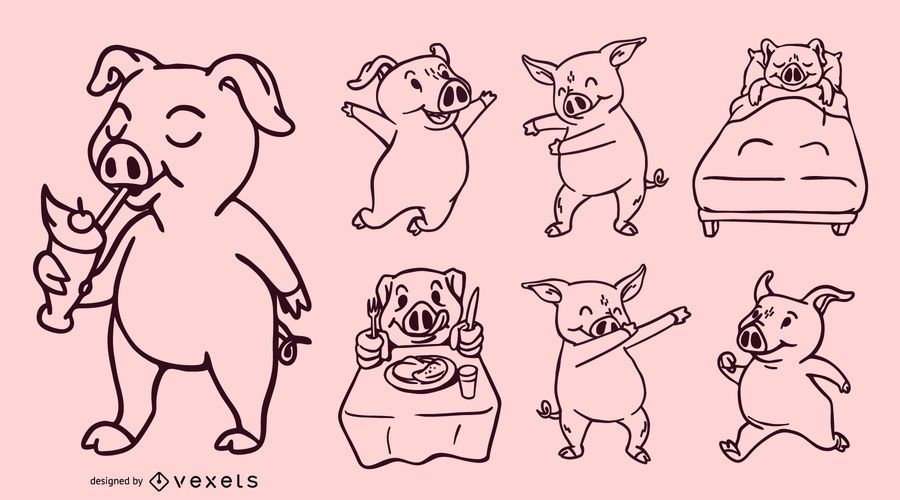 Pig cartoon stroke vector set Pig cartoon stroke vector set