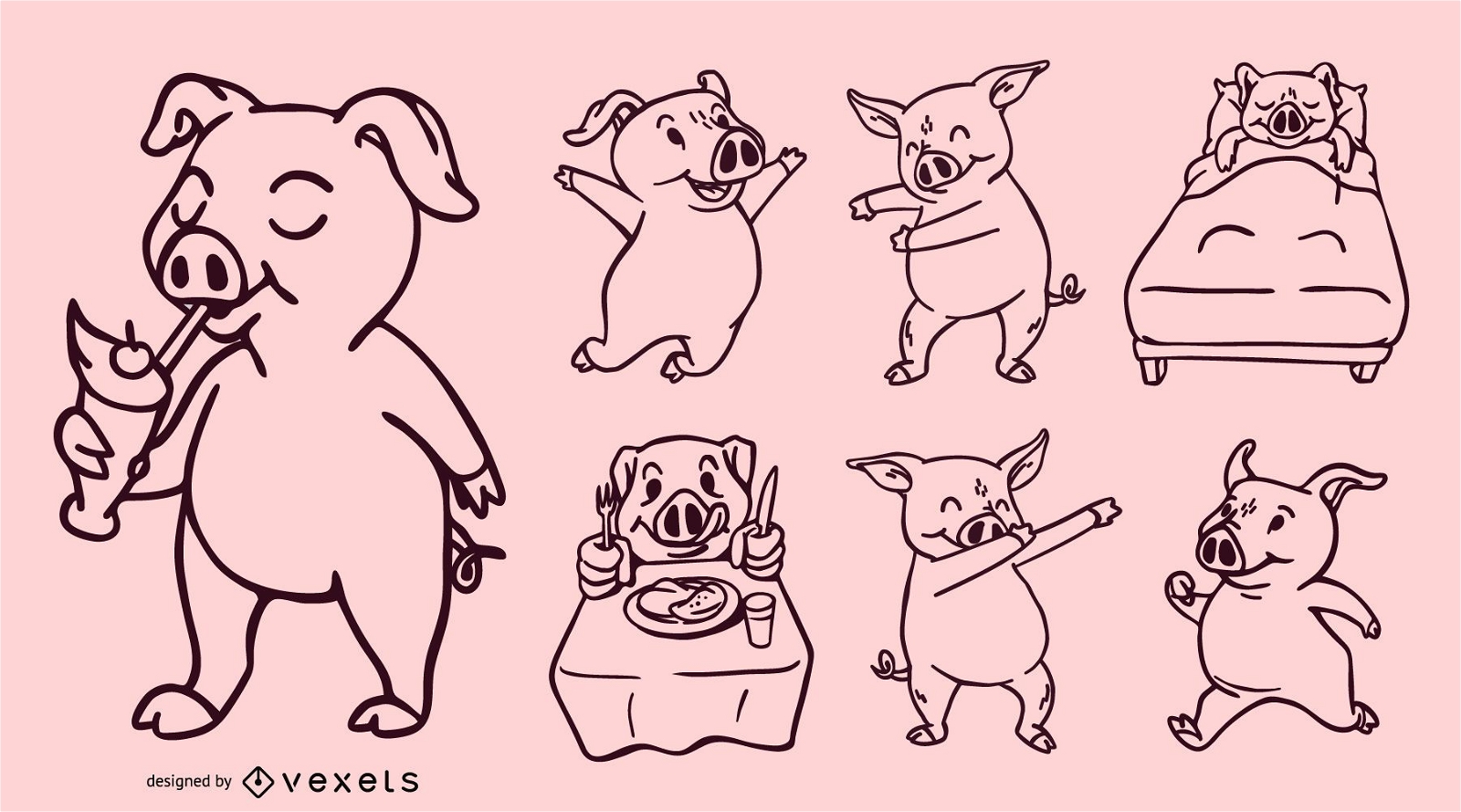Conjunto de vector de trazo de dibujos animados de cerdo