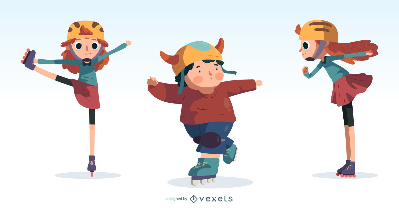 Kids Ice Skating Cartoon Design Set Vector Download