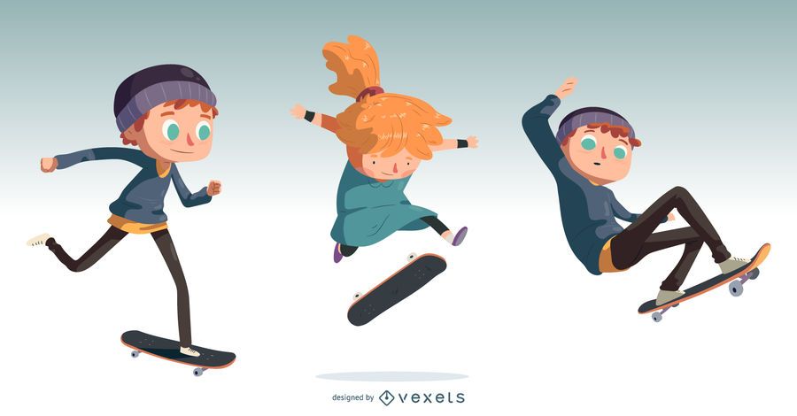 Kids Skateboarding Cartoon Design Set Kids Skateboarding Cartoon Design Set