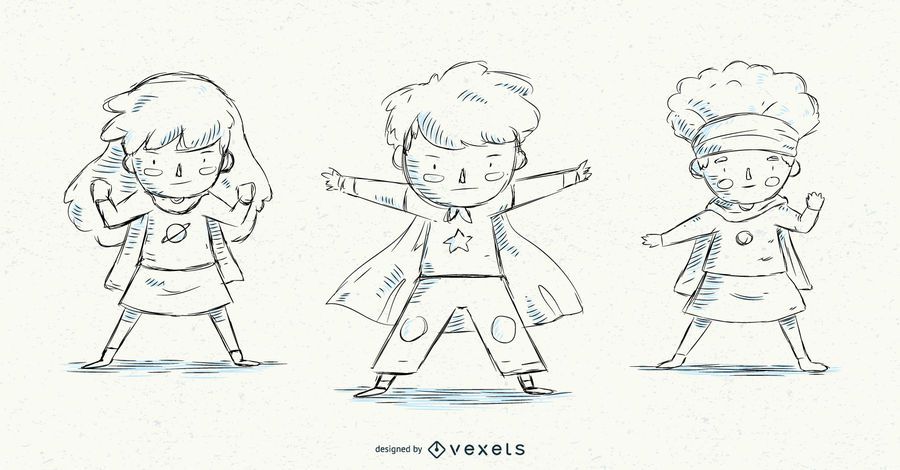 Hand drawn superhero kids set Hand drawn superhero kids set