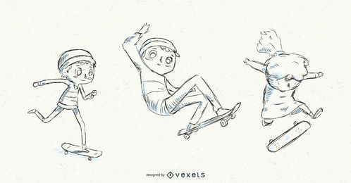 Hand drawn kids skateboarding 