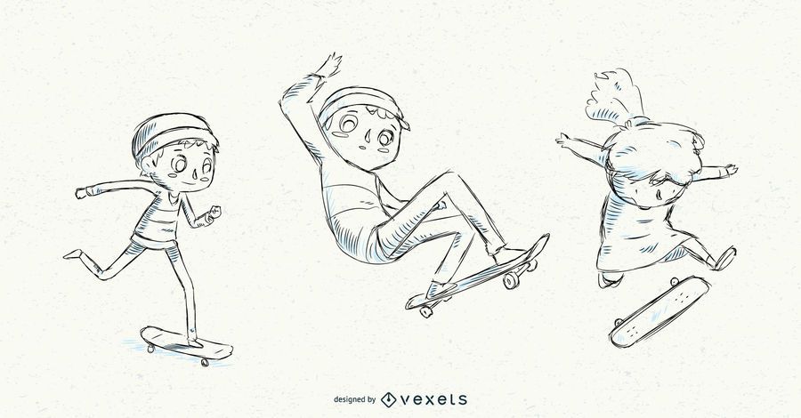 Hand drawn kids skateboarding Hand drawn kids skateboarding
