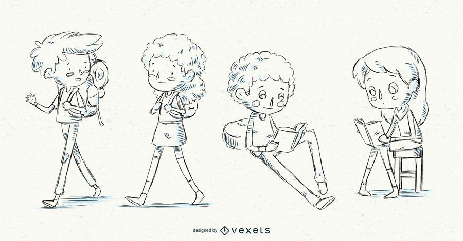 Conjunto de crianças de escola de mão desenhada Conjunto de crianças de escola de mão desenhada