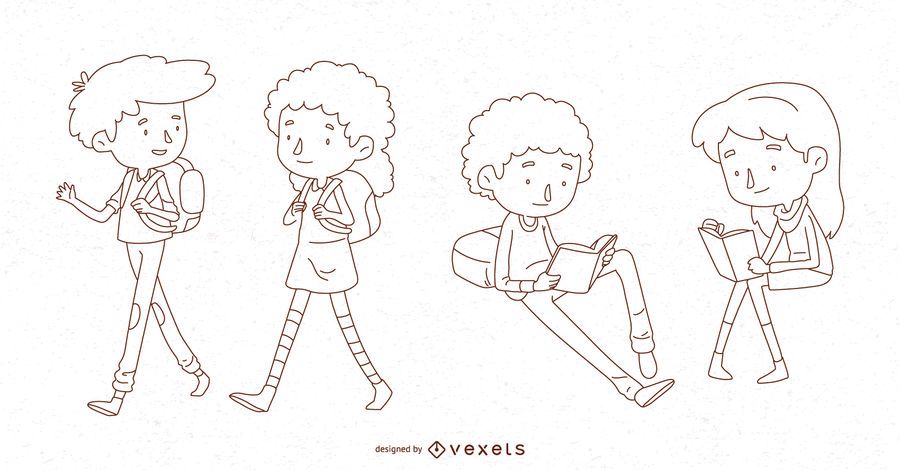 School kids line character set School kids line character set
