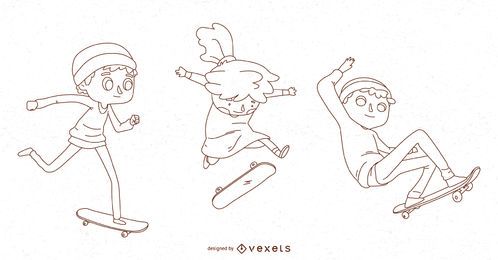 Línea niños skate vector set
