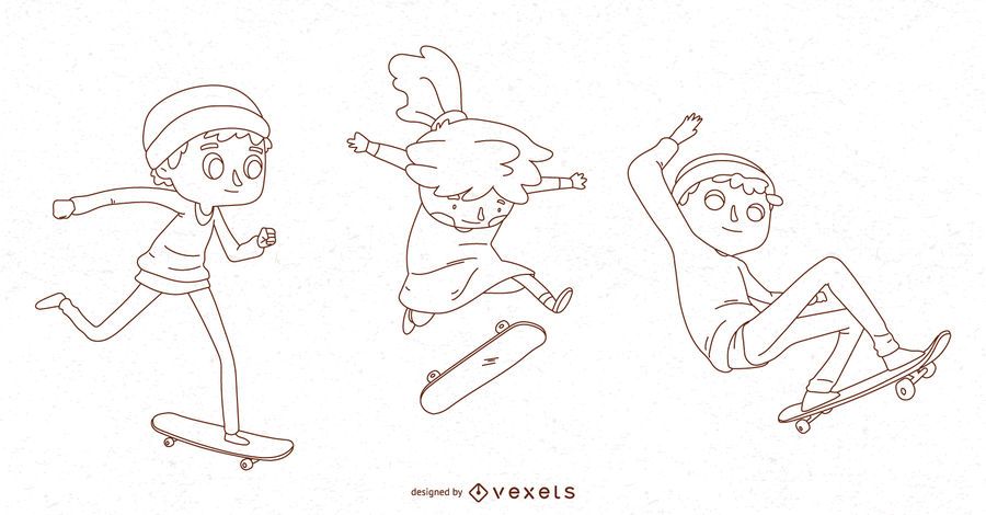 Line kids skateboarding vector set Line kids skateboarding vector set