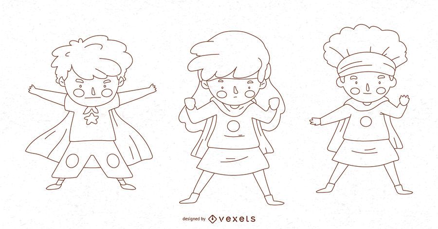Superhero kid line character set Superhero kid line character set