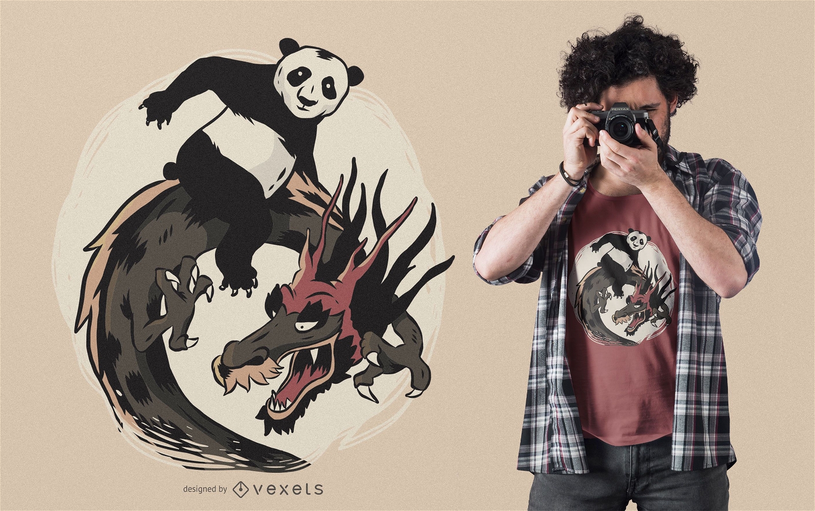 Diseño de camiseta de panda montando dragón.