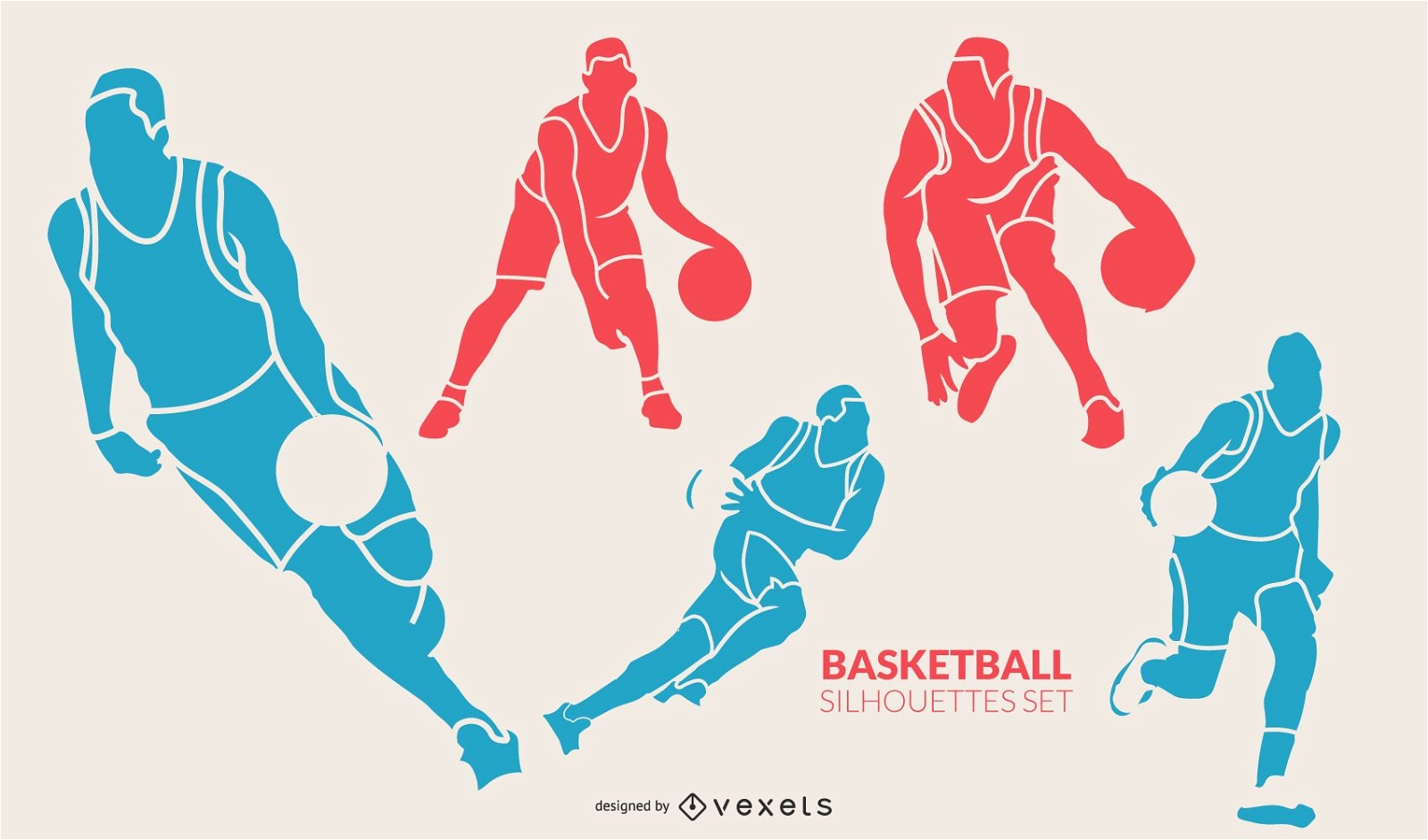 Conjunto de silhueta colorida de jogadores de basquete