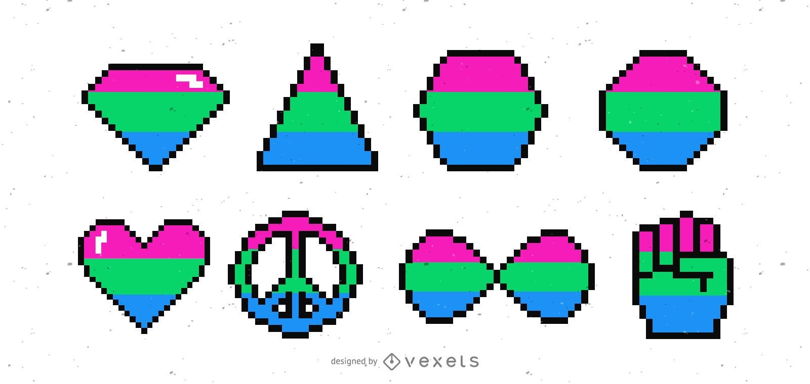 Polysexuelle Flaggen und Formen Pixel Set