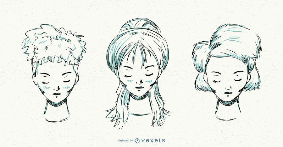 Conjunto de penteado de mão desenhada mulheres Conjunto de penteado de mão desenhada mulheres