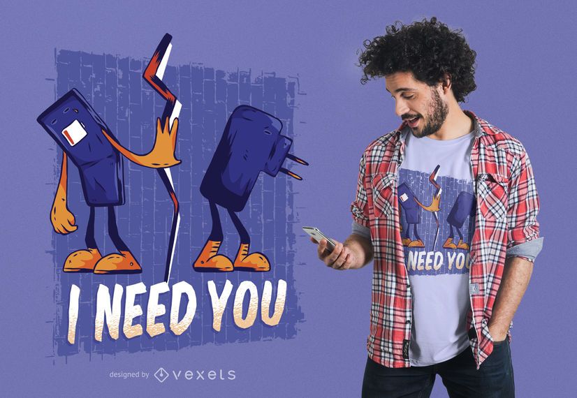 Phone and Charger Cartoon T-shirt Design Phone and Charger Cartoon T-shirt Design