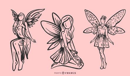 Winged fairy line illustration set Winged fairy line illustration set