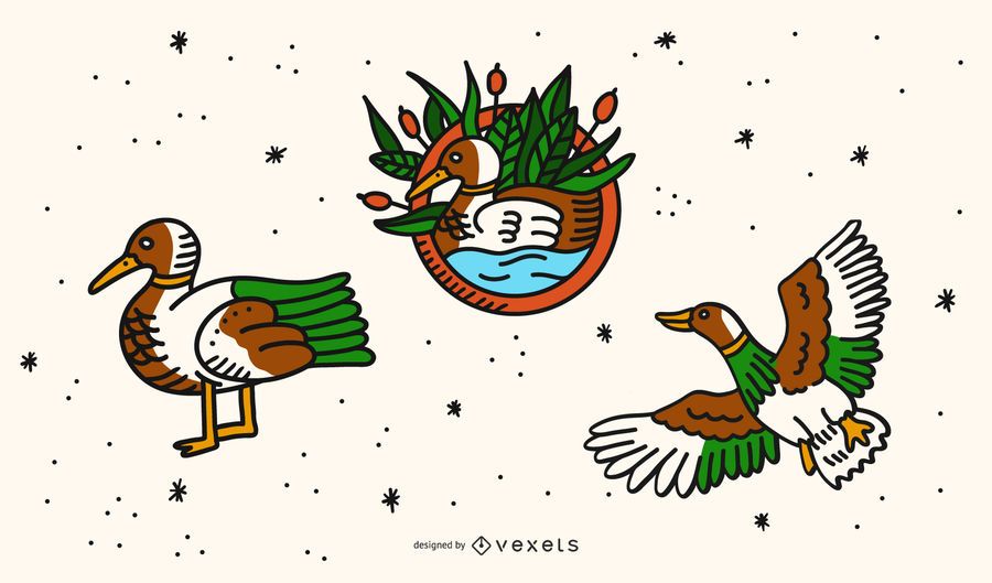 Vintage duck tattoo cartoon set Vintage duck tattoo cartoon set