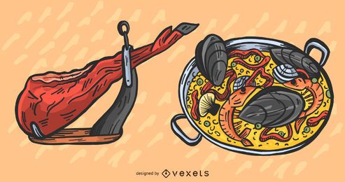 Conjunto de ilustração tradicional comida espanhola Conjunto de ilustração tradicional comida espanhola