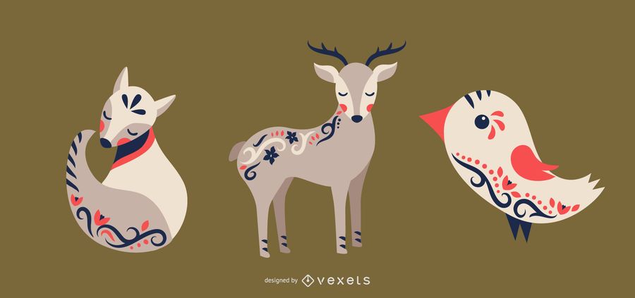 Folk art animals vector set Folk art animals vector set