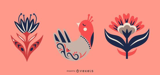 Conjunto de aves y flores de arte popular